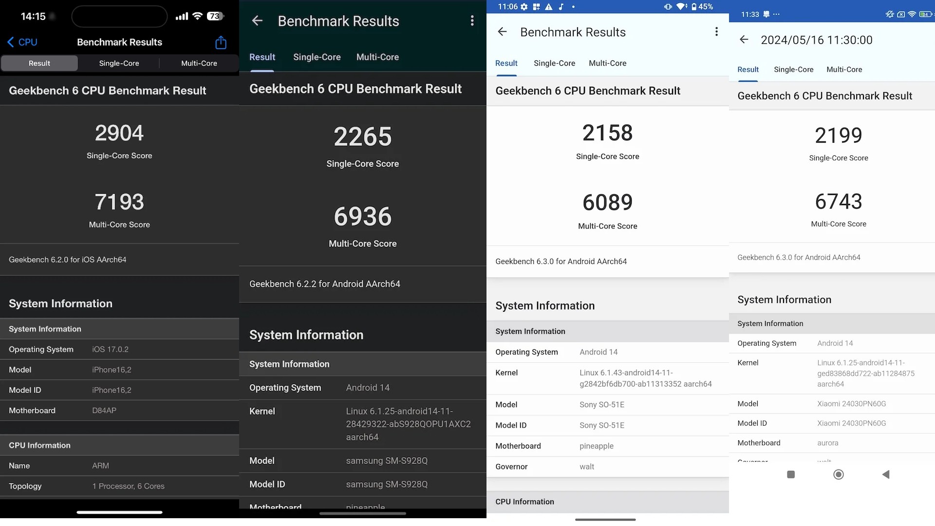 iPhone15 Pro Max、Galaxy S24 Ultra、Xperia 1 VI、Xiaomi 14 Ultra。Geekbench