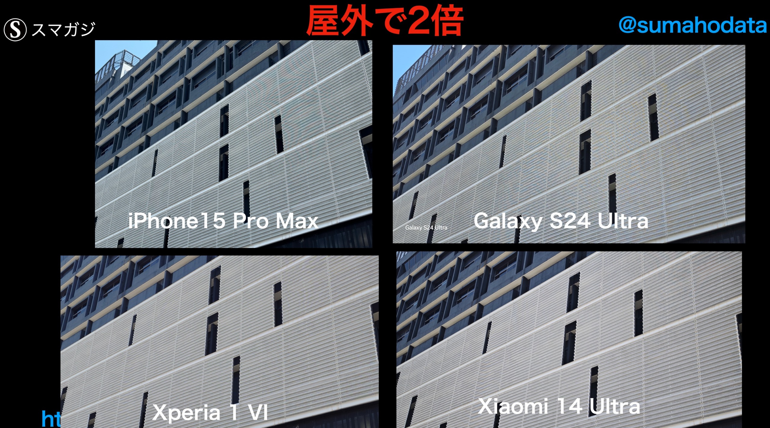 iPhone15 Pro Max、Galaxy S24 Ultra、Xperia 1 VI、Xiaomi 14 Ultra。カメラ2倍、屋外