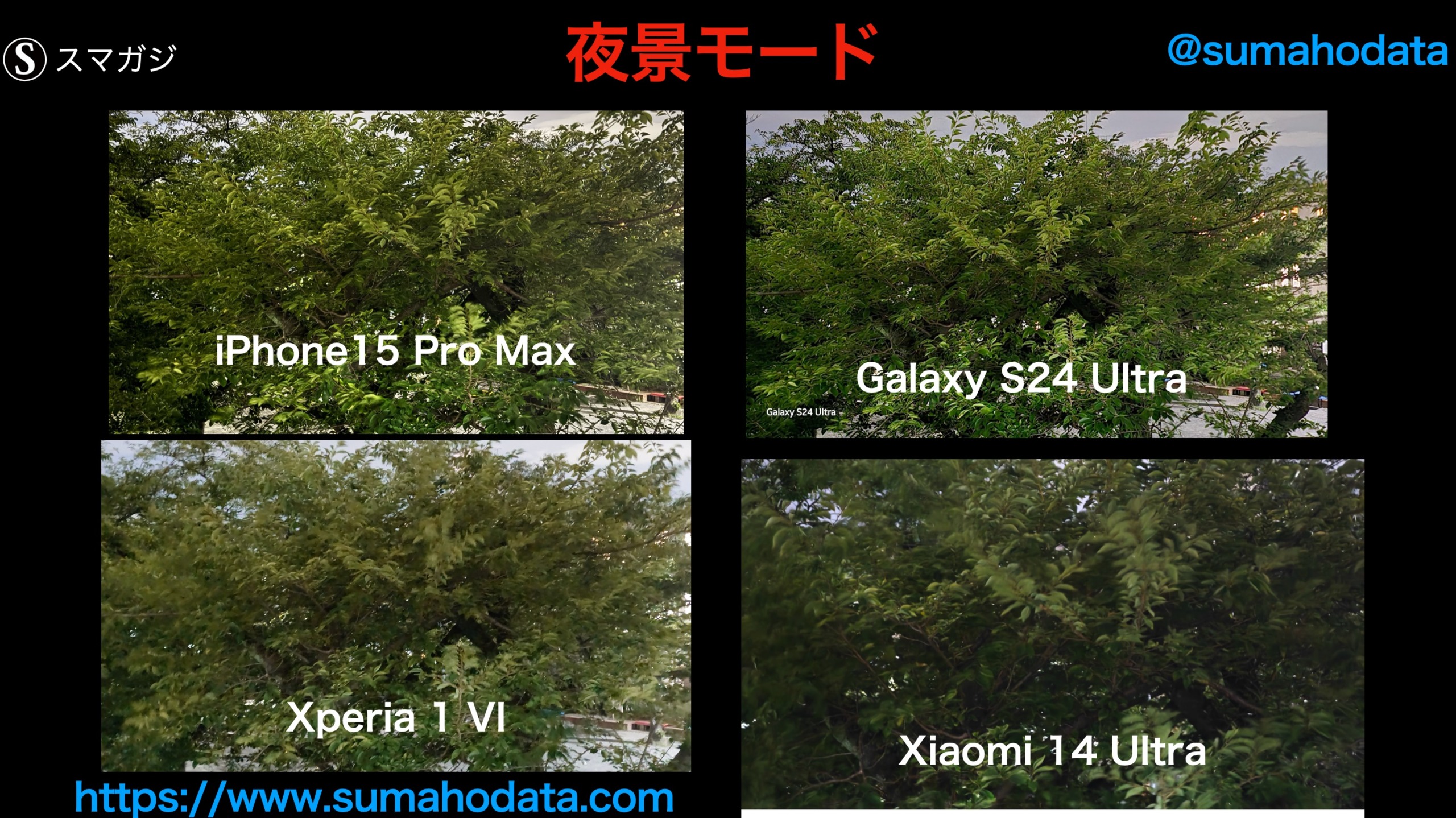 iPhone15 Pro Max、Galaxy S24 Ultra、Xperia 1 VI、Xiaomi 14 Ultra。夜景モード