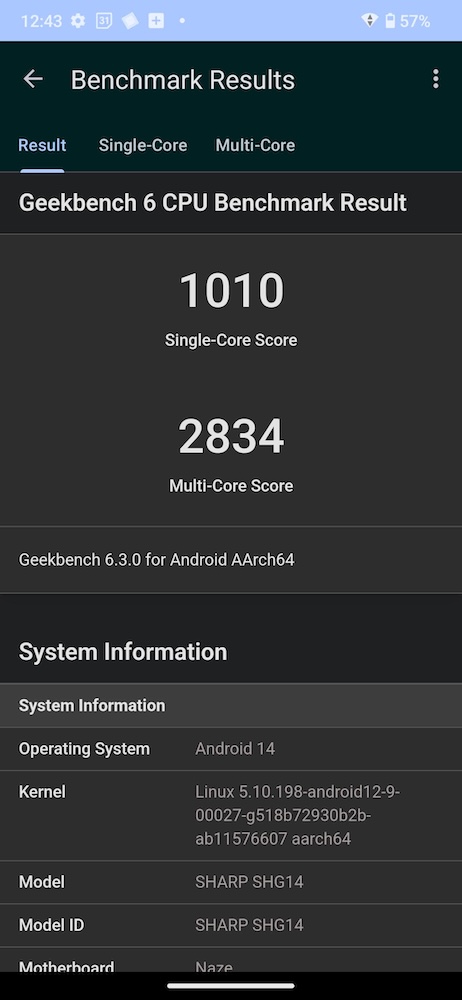 AQUOS sense9。Geekbench 6