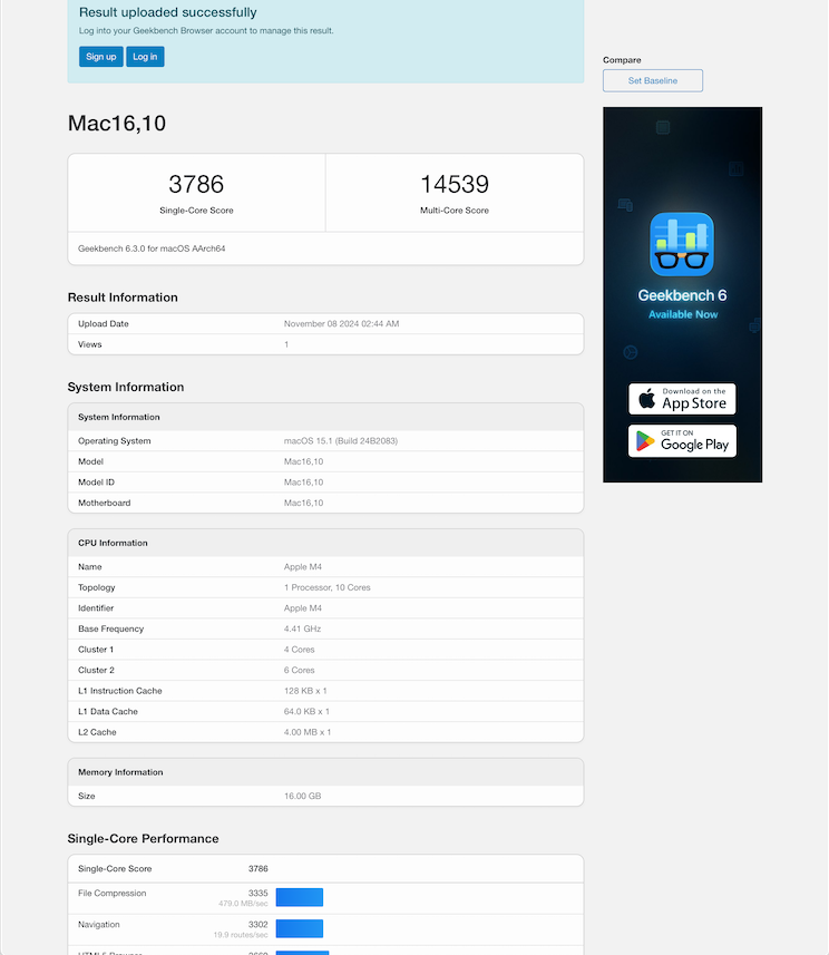 M4 Mac mini（2024）。Geekbench 6。CPU