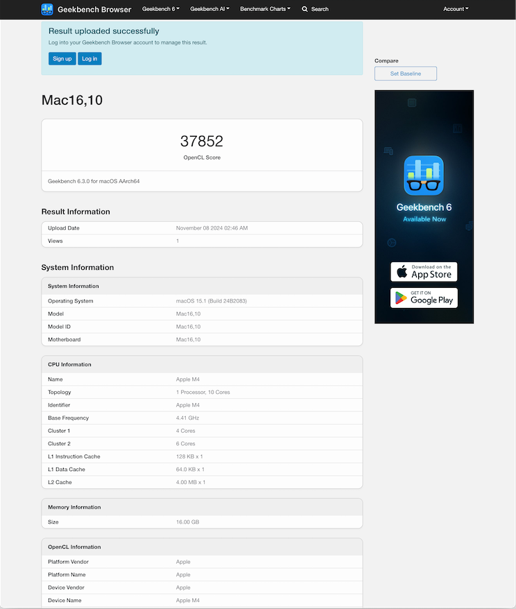 M4 Mac mini（2024）。Geekbench 6。GPU