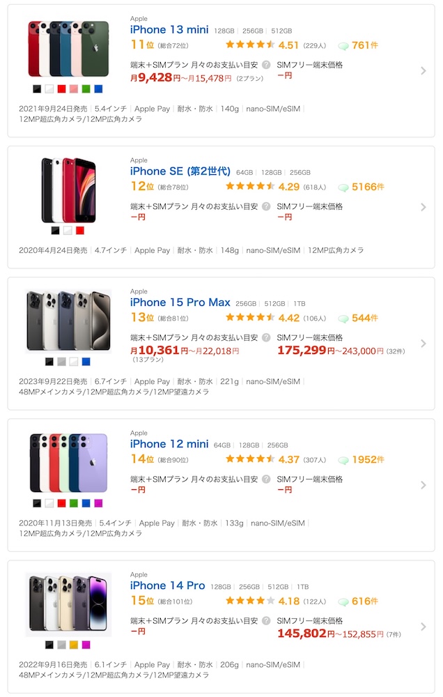 iPhone。価格.com。人気ランキング。2025年1月19日。11位から15位