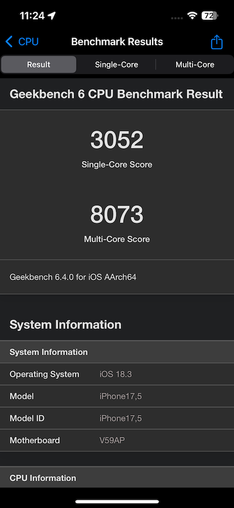 iPhone16e。Geekbench 6